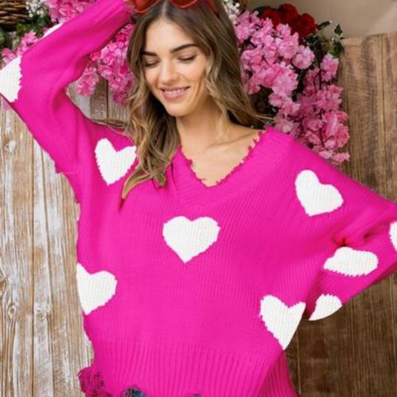 Main Strip Sweaters - Main Strip Fuschia White Heart Distressed Sweater